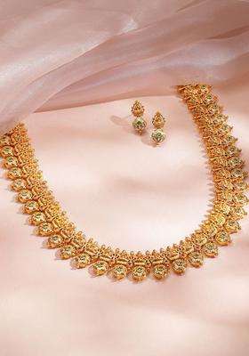 22K Gold-Plated White & Green Kundan Temple Floral Mid Length Brass Necklace Set for Women | Traditional Temple Jewellery for Wedding & Festive Wear | Gift for Her
