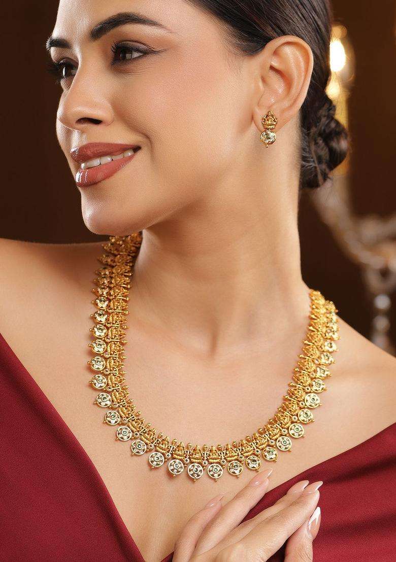 22K Gold-Plated White & Green Kundan Temple Floral Mid Length Brass Necklace Set for Women | Traditional Temple Jewellery for Wedding & Festive Wear | Gift for Her - Indya