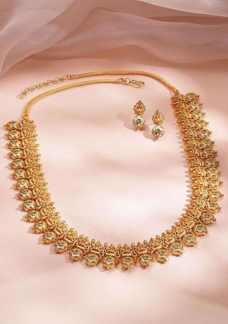 22K Gold-Plated White & Green Kundan Temple Floral Mid Length Brass Necklace Set for Women | Traditional Temple Jewellery for Wedding & Festive Wear | Gift for Her - Indya