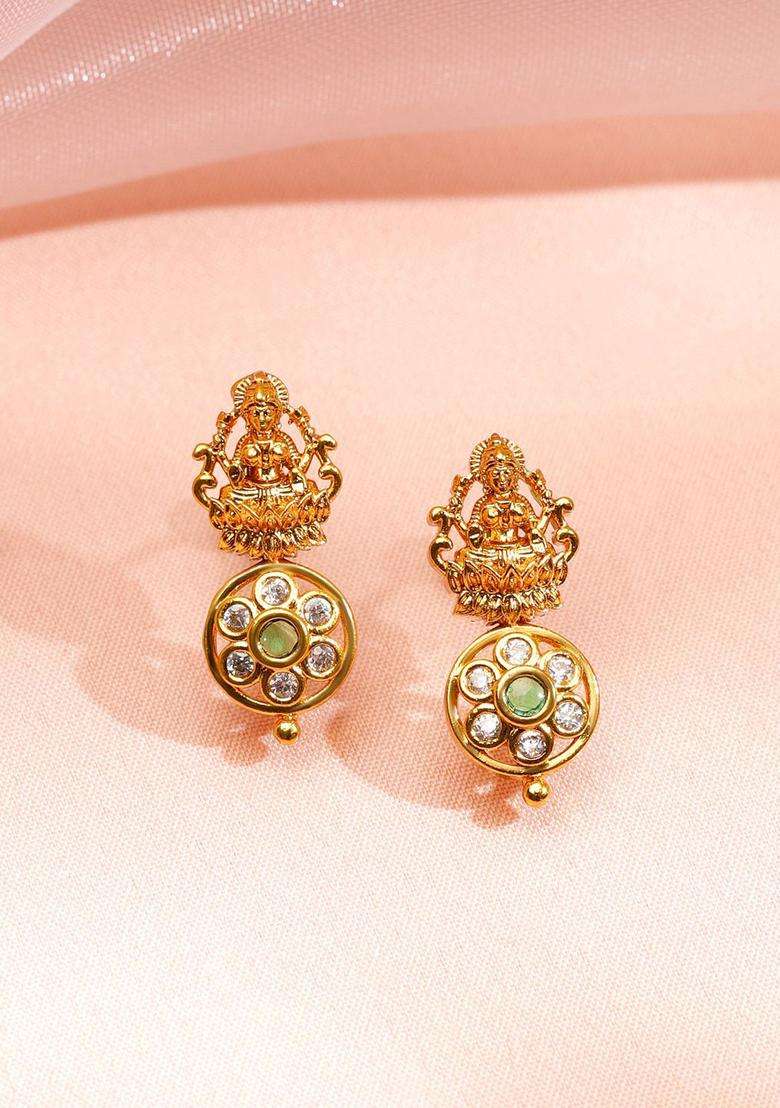 22K Gold-Plated White & Green Kundan Temple Floral Mid Length Brass Necklace Set for Women | Traditional Temple Jewellery for Wedding & Festive Wear | Gift for Her - Indya