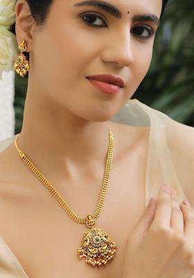 24K Gold-Plated Brass Golden Cluster Temple Necklace Set with Red & Green Stones for Women | Traditional Temple Jewellery for Wedding & Festive Wear | Gift for Her