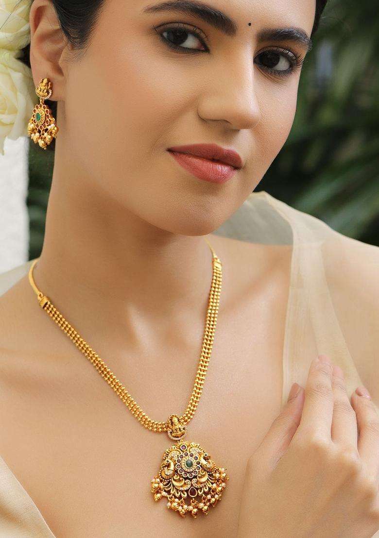 24K Gold-Plated Brass Golden Cluster Temple Necklace Set with Red & Green Stones for Women | Traditional Temple Jewellery for Wedding & Festive Wear | Gift for Her - Indya
