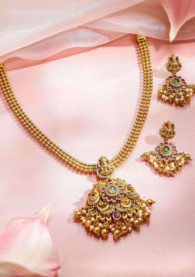 24K Gold-Plated Brass Golden Cluster Temple Necklace Set with Red & Green Stones for Women | Traditional Temple Jewellery for Wedding & Festive Wear | Gift for Her - Indya