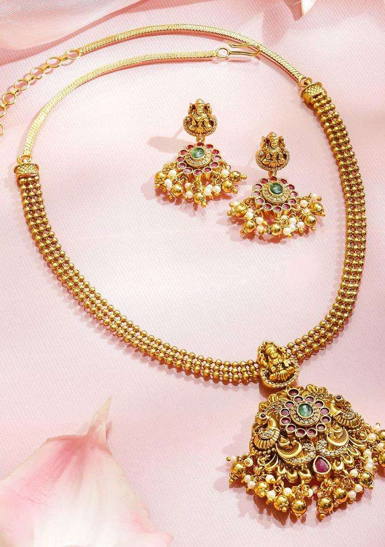 24K Gold-Plated Brass Golden Cluster Temple Necklace Set with Red & Green Stones for Women | Traditional Temple Jewellery for Wedding & Festive Wear | Gift for Her - Indya