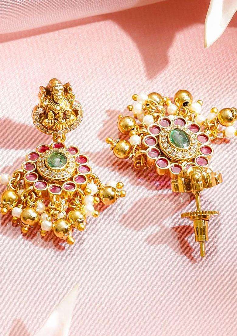 24K Gold-Plated Brass Golden Cluster Temple Necklace Set with Red & Green Stones for Women | Traditional Temple Jewellery for Wedding & Festive Wear | Gift for Her - Indya