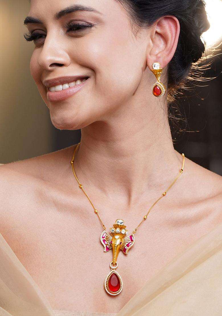 Brass 18K Gold-Plated Ganesha Pendant Necklace Set for Women | Traditional Temple Jewellery for Wedding & Festive Wear | Gift for Her - Indya