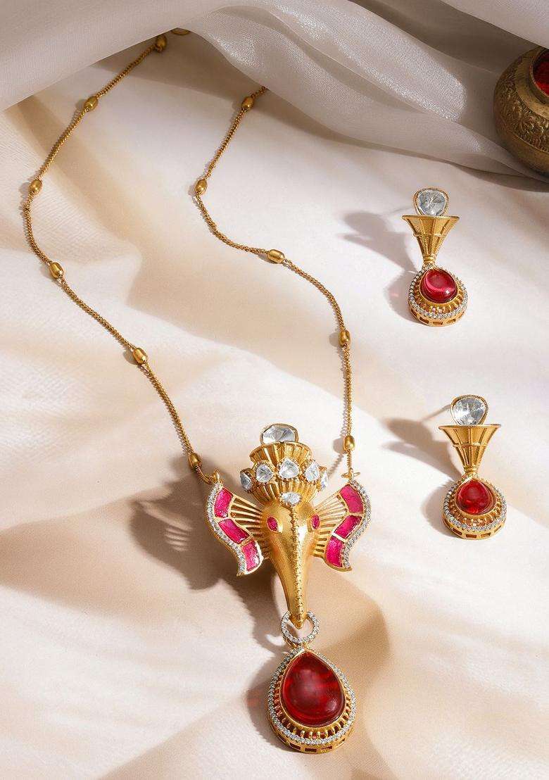 Brass 18K Gold-Plated Ganesha Pendant Necklace Set for Women | Traditional Temple Jewellery for Wedding & Festive Wear | Gift for Her - Indya