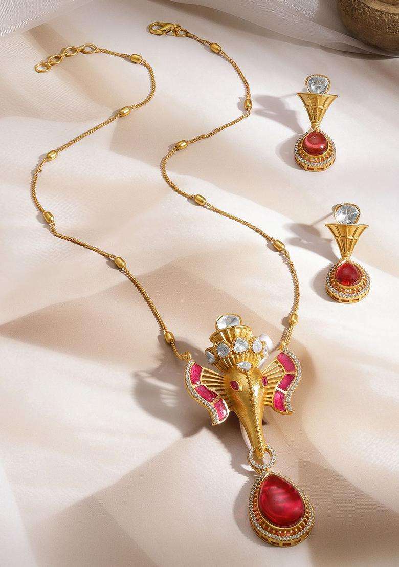 Brass 18K Gold-Plated Ganesha Pendant Necklace Set for Women | Traditional Temple Jewellery for Wedding & Festive Wear | Gift for Her - Indya
