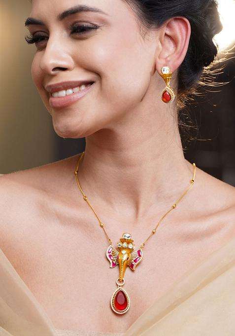 Brass 18K Gold-Plated Ganesha Pendant Necklace Set for Women | Traditional Temple Jewellery for Wedding & Festive Wear | Gift for Her