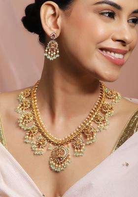 24K Gold-Plated Artificial Stones Studded and Beaded Lakshmi Temple Jewellery Set for Women | Traditional Temple Jewellery for Wedding & Festive Wear | Gift for Her