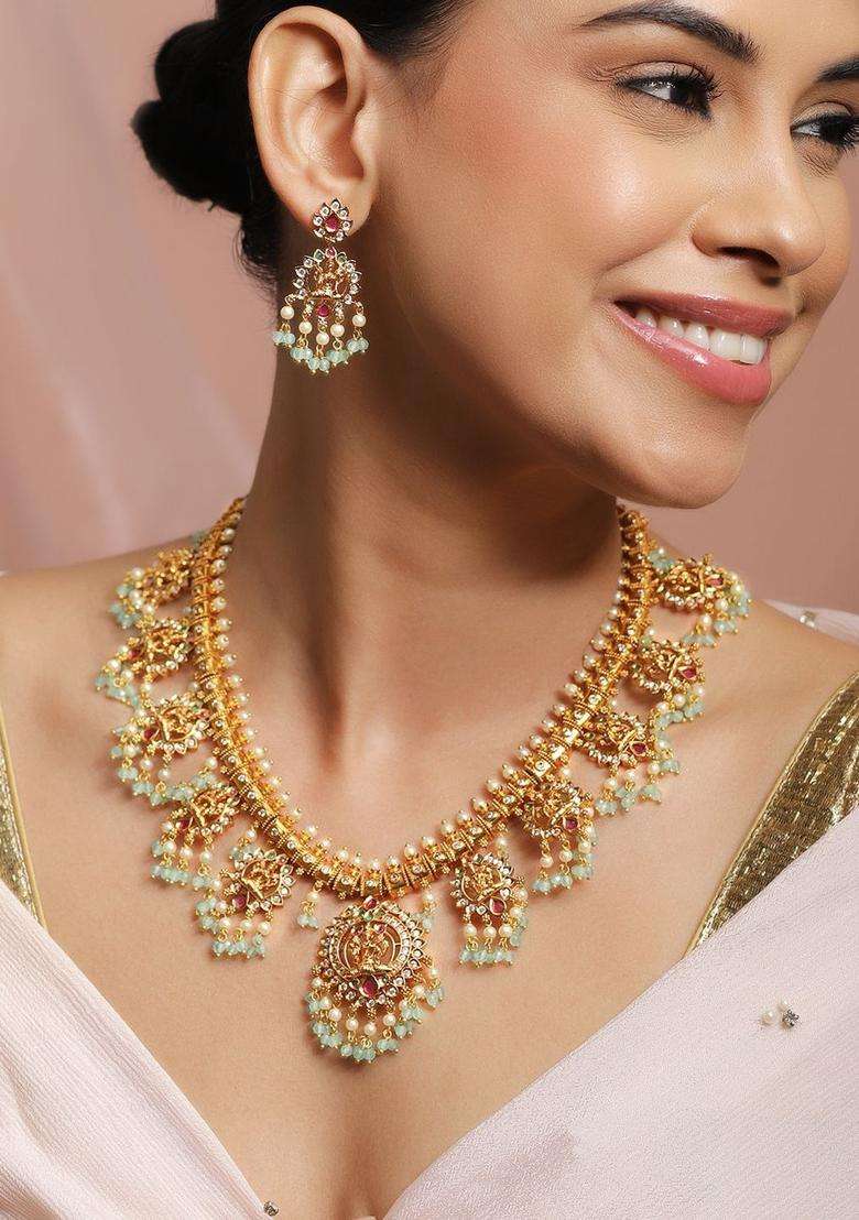 24K Gold-Plated Artificial Stones Studded and Beaded Lakshmi Temple Jewellery Set for Women | Traditional Temple Jewellery for Wedding & Festive Wear | Gift for Her - Indya