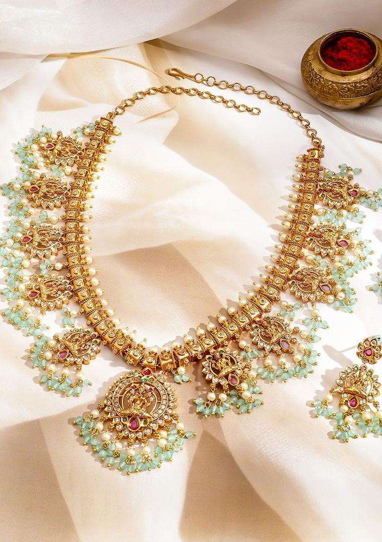 24K Gold-Plated Artificial Stones Studded and Beaded Lakshmi Temple Jewellery Set for Women | Traditional Temple Jewellery for Wedding & Festive Wear | Gift for Her - Indya