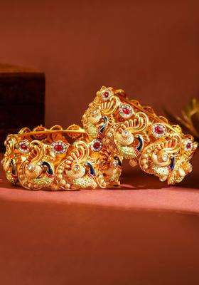Set of 2 24K Gold-Plated Temple Kada Bangles with Peacock Motif Ruby Red & CZ Stone with American Diamond for Women | Traditional Temple Jewellery for Wedding & Festive Wear | Gift for Her