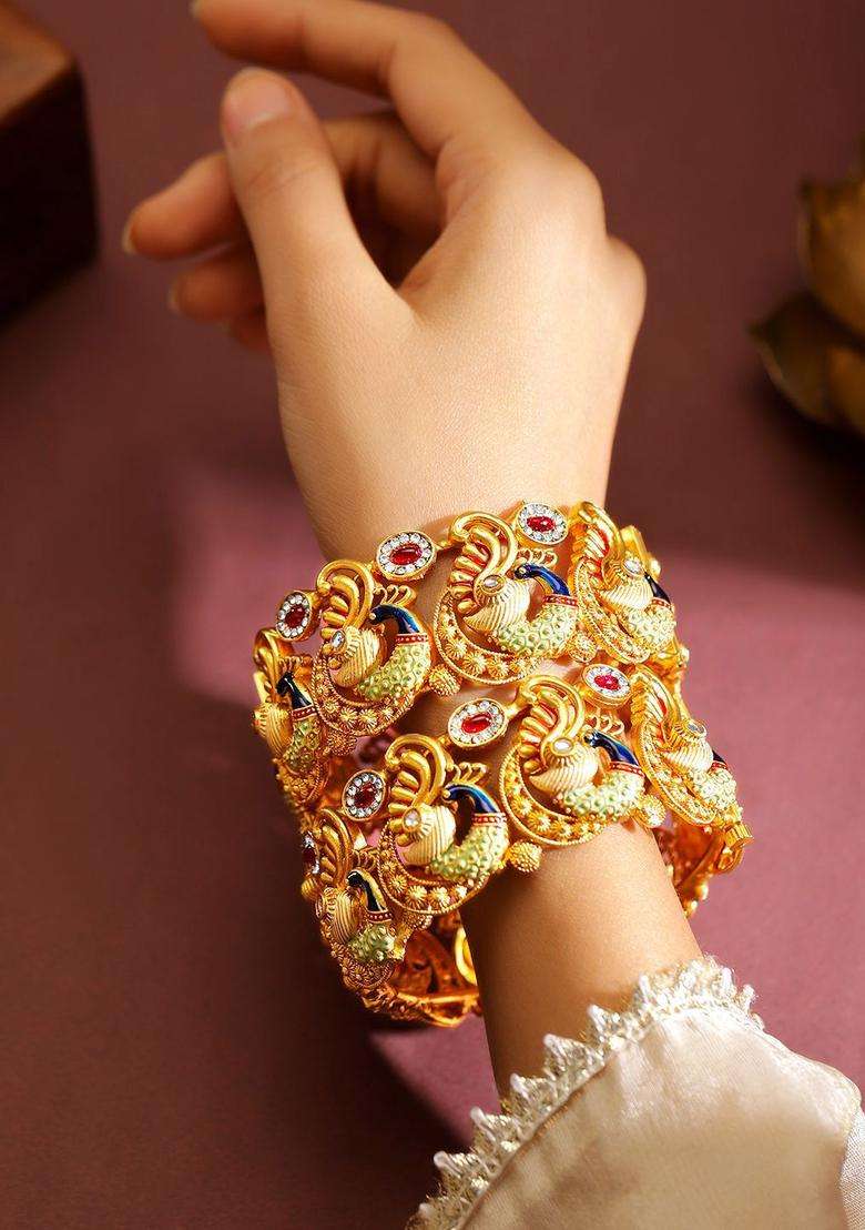 Set of 2 24K Gold-Plated Temple Kada Bangles with Peacock Motif Ruby Red & CZ Stone with American Diamond for Women | Traditional Temple Jewellery for Wedding & Festive Wear | Gift for Her - Indya