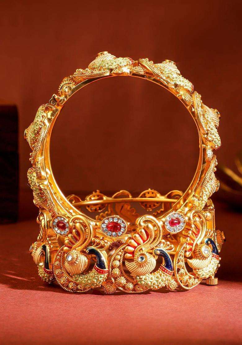 Set of 2 24K Gold-Plated Temple Kada Bangles with Peacock Motif Ruby Red & CZ Stone with American Diamond for Women | Traditional Temple Jewellery for Wedding & Festive Wear | Gift for Her - Indya
