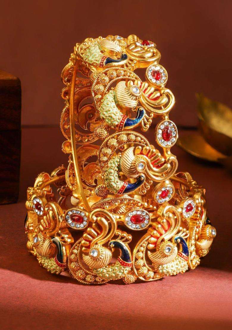 Set of 2 24K Gold-Plated Temple Kada Bangles with Peacock Motif Ruby Red & CZ Stone with American Diamond for Women | Traditional Temple Jewellery for Wedding & Festive Wear | Gift for Her - Indya