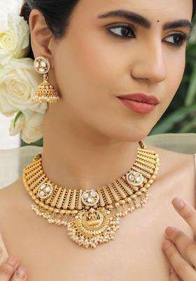 22K Gold-Plated Kundan-Studded & Pearl-Beaded Divine Lakshmi Temple Jewellery Set for Women | Traditional Temple Jewellery for Wedding & Festive Wear | Gift for Her