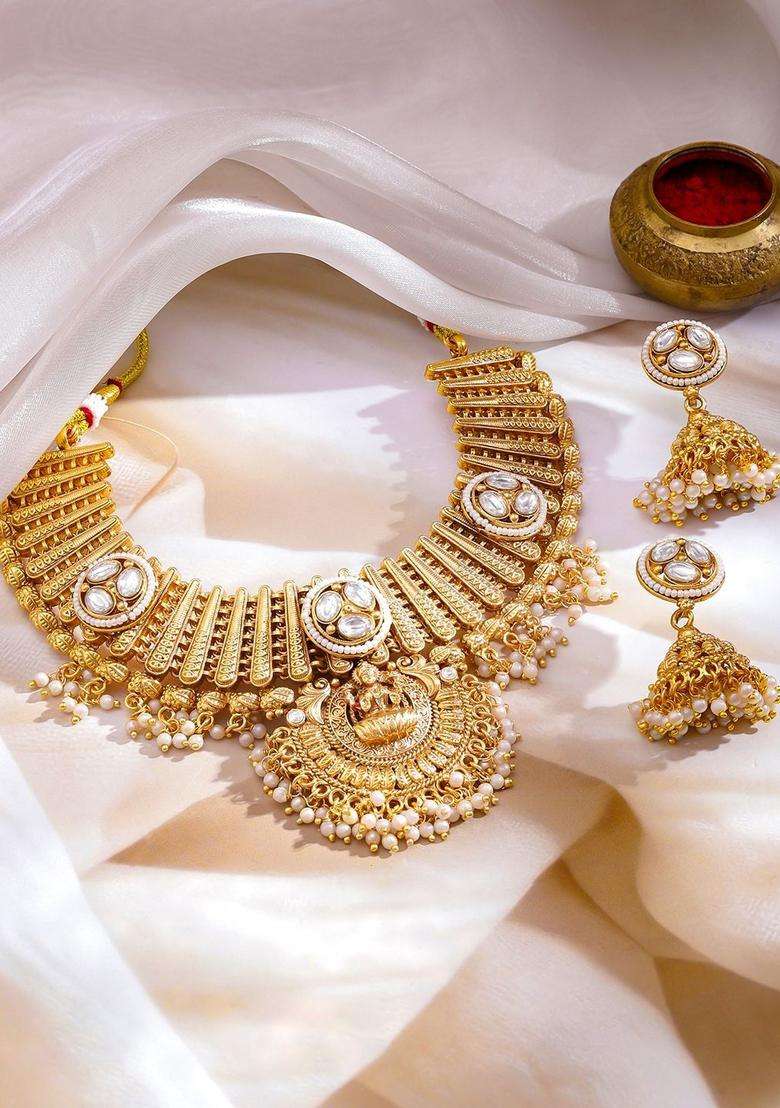22K Gold-Plated Kundan-Studded & Pearl-Beaded Divine Lakshmi Temple Jewellery Set for Women | Traditional Temple Jewellery for Wedding & Festive Wear | Gift for Her - Indya