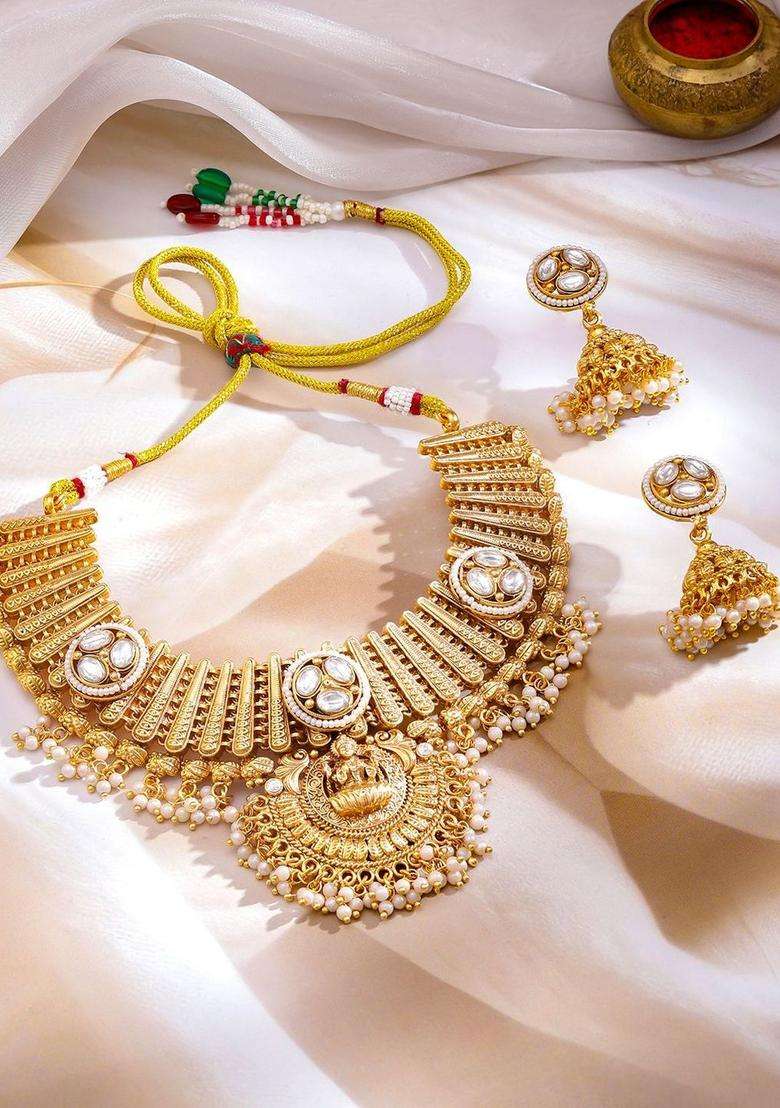 22K Gold-Plated Kundan-Studded & Pearl-Beaded Divine Lakshmi Temple Jewellery Set for Women | Traditional Temple Jewellery for Wedding & Festive Wear | Gift for Her - Indya