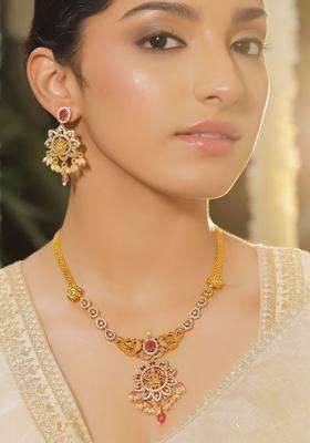 22K Gold-Plated Cubic Zirconia Stone-Studded Jewellery Set for Women | Traditional Temple Jewellery for Wedding & Festive Wear | Gift for Her