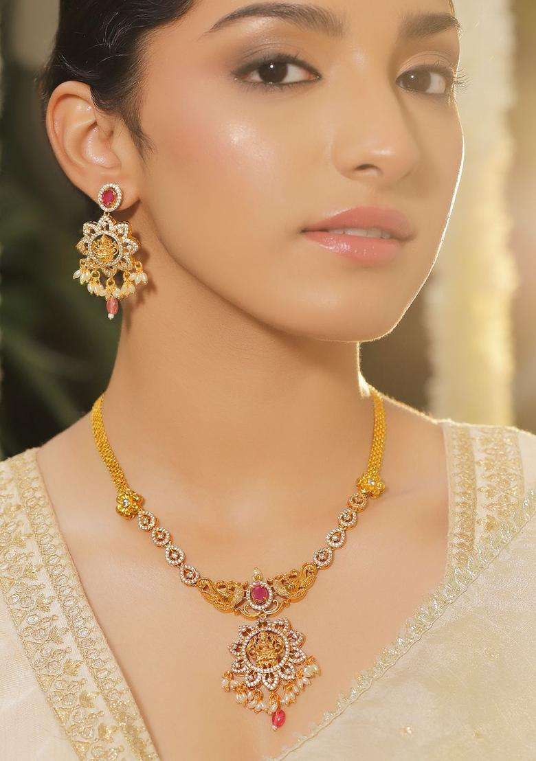 22K Gold-Plated Cubic Zirconia Stone-Studded Jewellery Set for Women | Traditional Temple Jewellery for Wedding & Festive Wear | Gift for Her - Indya