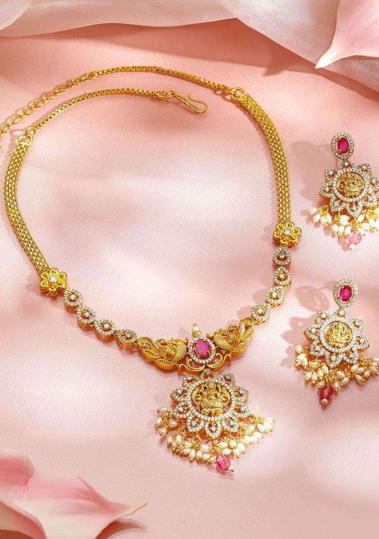 22K Gold-Plated Cubic Zirconia Stone-Studded Jewellery Set for Women | Traditional Temple Jewellery for Wedding & Festive Wear | Gift for Her - Indya