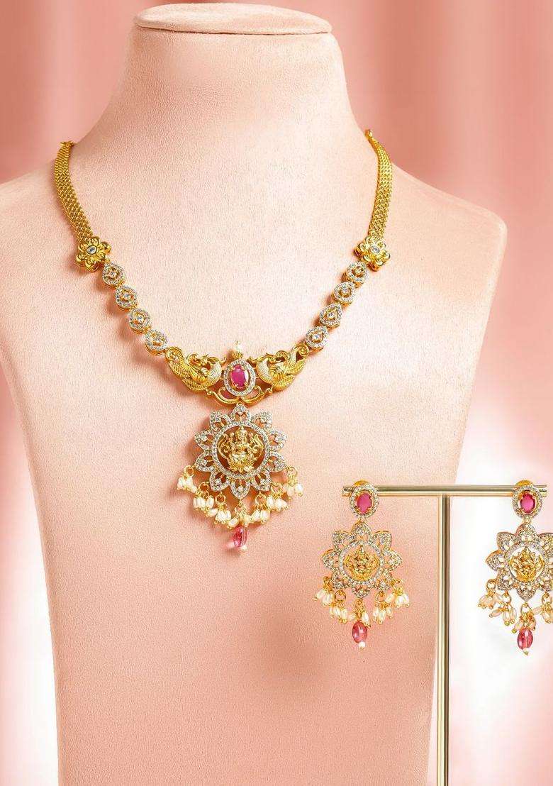 22K Gold-Plated Cubic Zirconia Stone-Studded Jewellery Set for Women | Traditional Temple Jewellery for Wedding & Festive Wear | Gift for Her - Indya