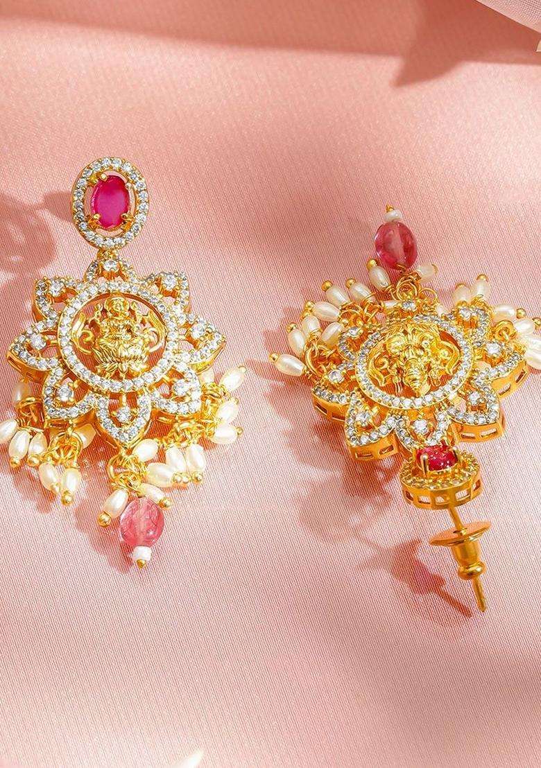 22K Gold-Plated Cubic Zirconia Stone-Studded Jewellery Set for Women | Traditional Temple Jewellery for Wedding & Festive Wear | Gift for Her - Indya