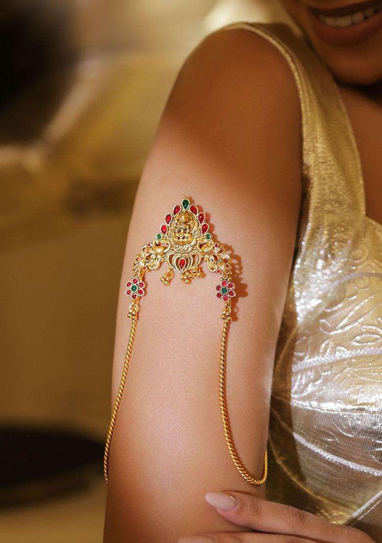 22K Gold-Plated Artificial Stones Studded Temple Armlet Bracelet for Women | Traditional Temple Jewellery for Wedding & Festive Wear | Gift for Her - Indya