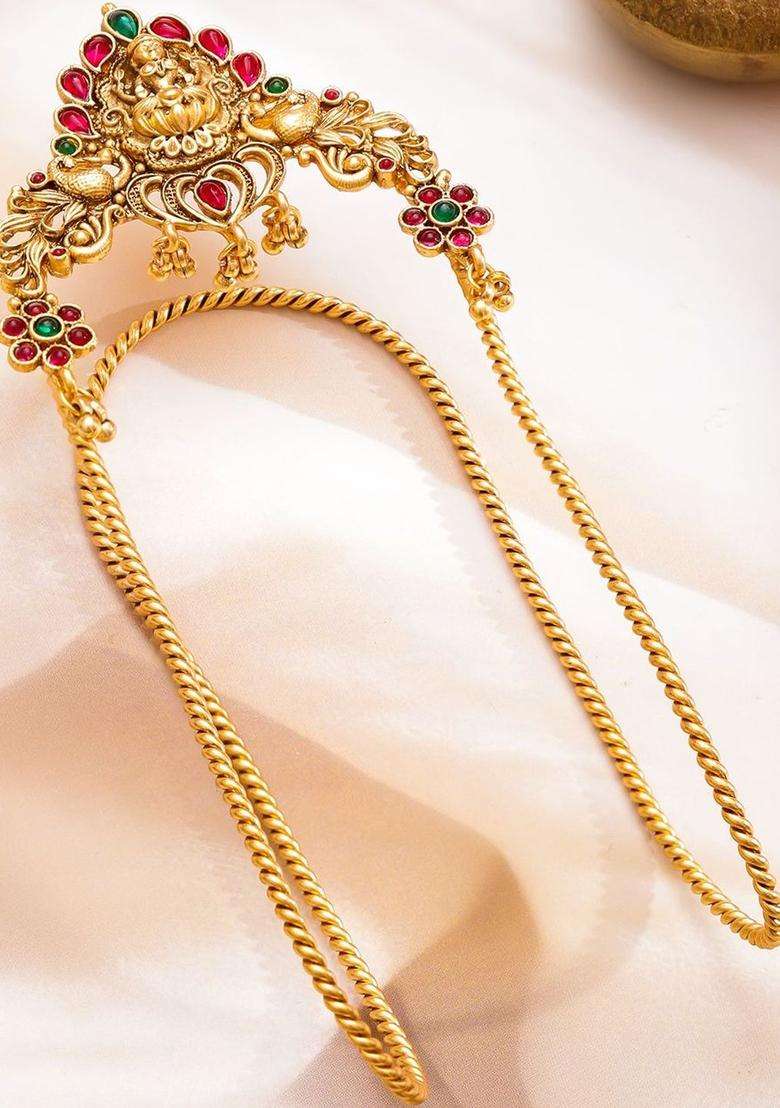 22K Gold-Plated Artificial Stones Studded Temple Armlet Bracelet for Women | Traditional Temple Jewellery for Wedding & Festive Wear | Gift for Her - Indya