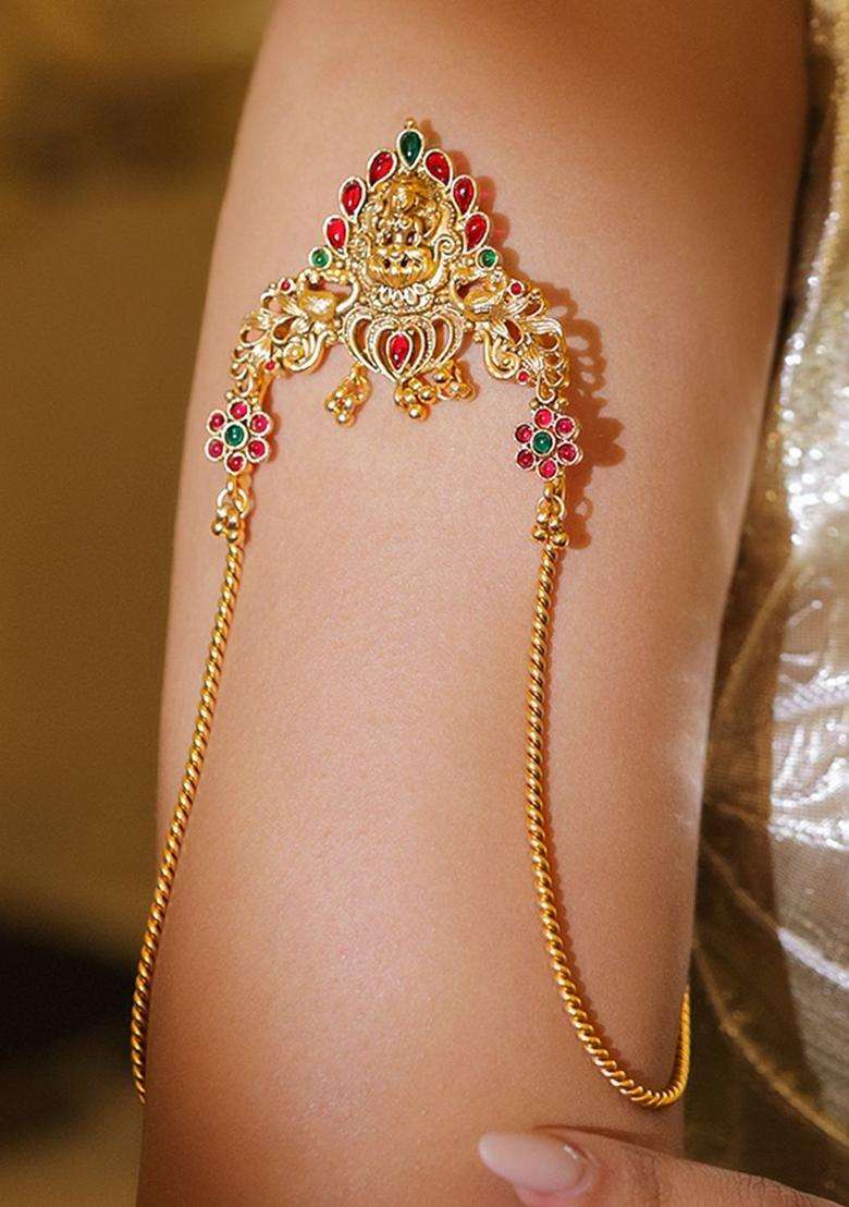 22K Gold-Plated Artificial Stones Studded Temple Armlet Bracelet for Women | Traditional Temple Jewellery for Wedding & Festive Wear | Gift for Her - Indya