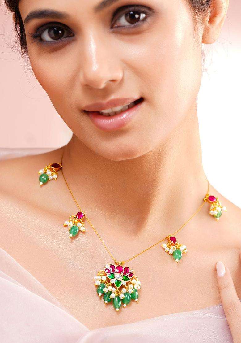 Brass 18K Gold-Plated Kundan Lotus Statement Necklace for Women | Traditional Temple Jewellery for Wedding & Festive Wear | Gift for Her - Indya