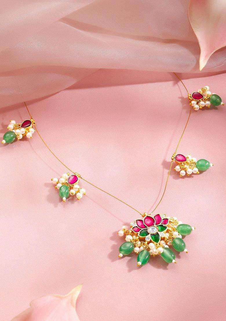 Brass 18K Gold-Plated Kundan Lotus Statement Necklace for Women | Traditional Temple Jewellery for Wedding & Festive Wear | Gift for Her - Indya