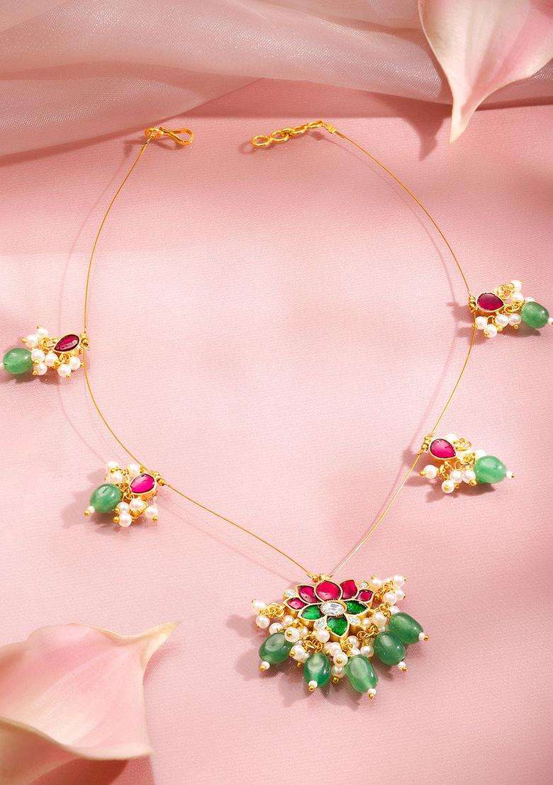 Brass 18K Gold-Plated Kundan Lotus Statement Necklace for Women | Traditional Temple Jewellery for Wedding & Festive Wear | Gift for Her - Indya