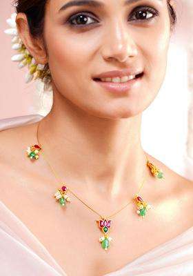 Brass 18K Gold-Plated Kundan Lotus Statement Necklace for Women | Traditional Temple Jewellery for Wedding & Festive Wear | Gift for Her
