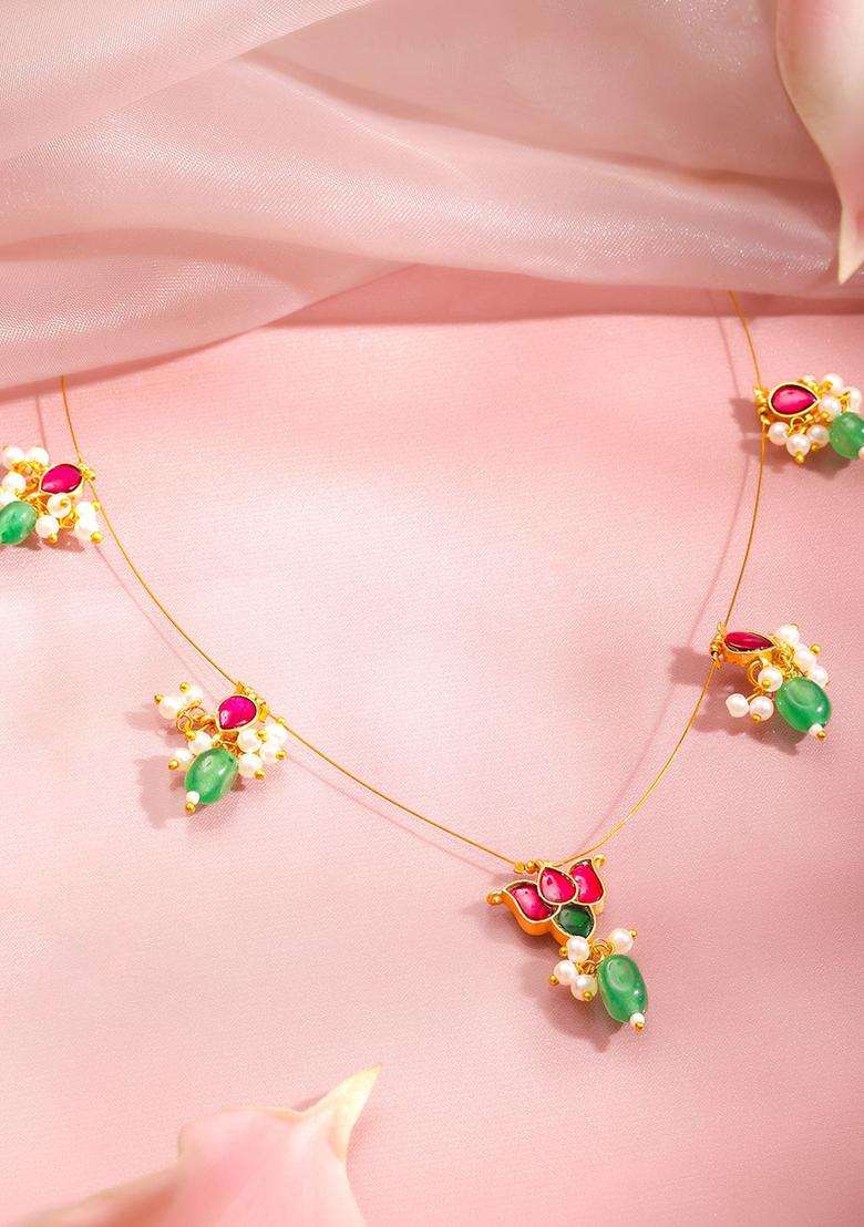 Brass 18K Gold-Plated Kundan Lotus Statement Necklace for Women | Traditional Temple Jewellery for Wedding & Festive Wear | Gift for Her - Indya