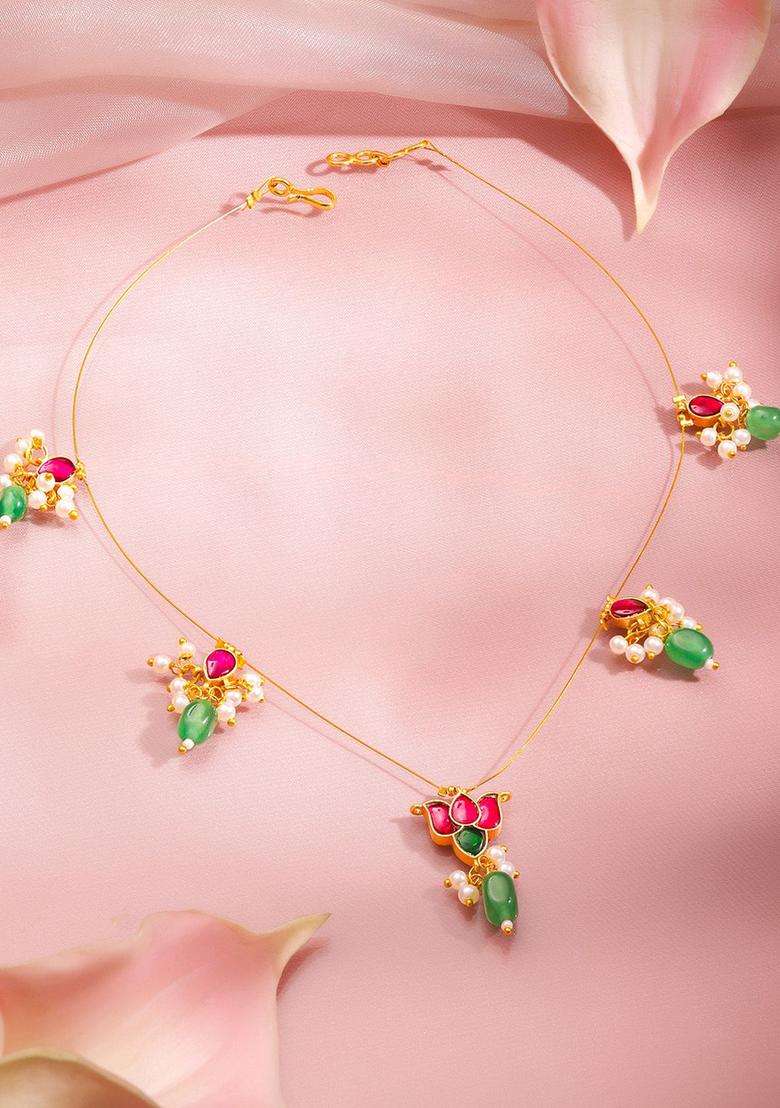 Brass 18K Gold-Plated Kundan Lotus Statement Necklace for Women | Traditional Temple Jewellery for Wedding & Festive Wear | Gift for Her - Indya