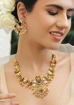 18K Gold-Plated Brass Lakshmi Temple Necklace Set with Ruby, Green & CZ Stones for Women | Traditional Temple Jewellery for Wedding & Festive Wear | Gift for Her