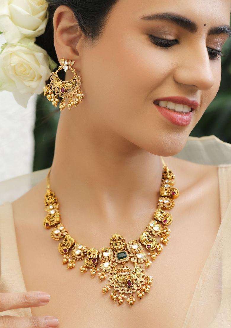 18K Gold-Plated Brass Lakshmi Temple Necklace Set with Ruby, Green & CZ Stones for Women | Traditional Temple Jewellery for Wedding & Festive Wear | Gift for Her - Indya