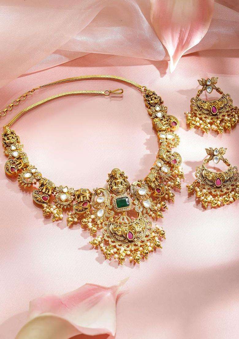 18K Gold-Plated Brass Lakshmi Temple Necklace Set with Ruby, Green & CZ Stones for Women | Traditional Temple Jewellery for Wedding & Festive Wear | Gift for Her - Indya