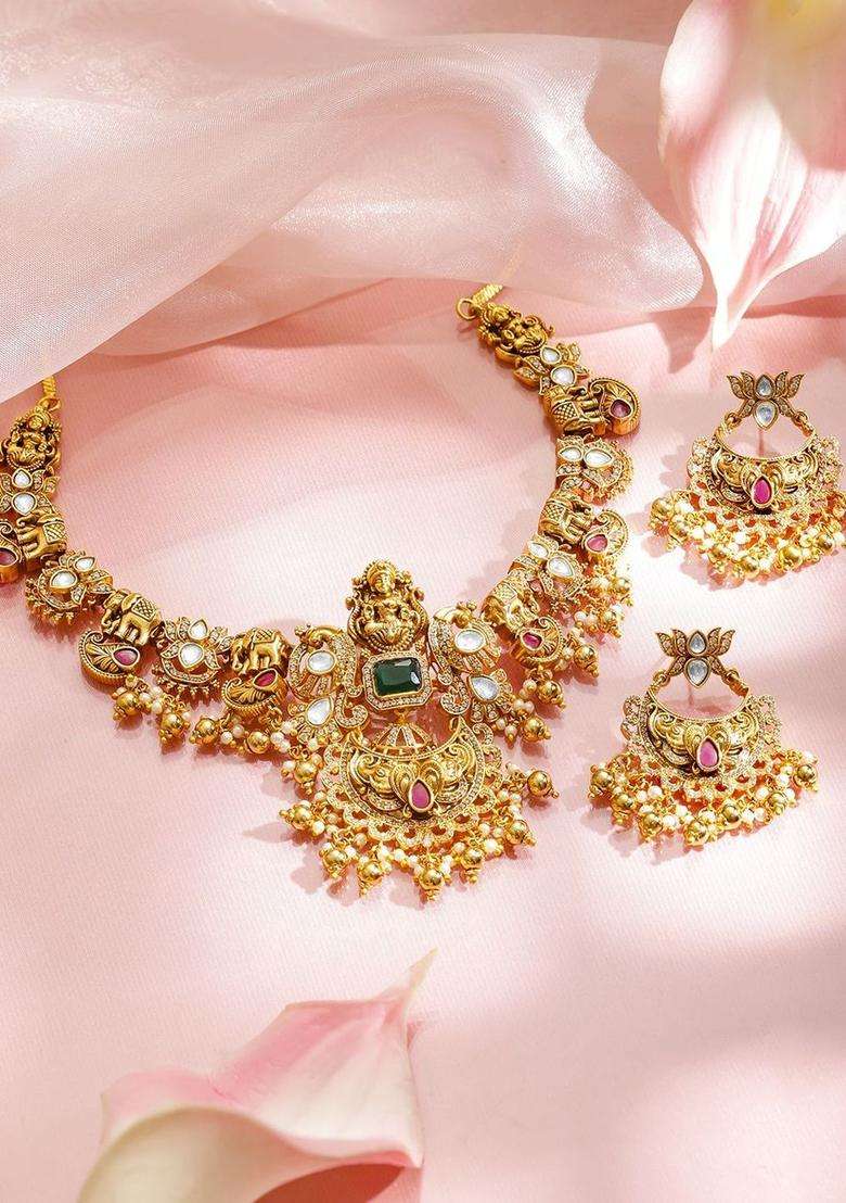 18K Gold-Plated Brass Lakshmi Temple Necklace Set with Ruby, Green & CZ Stones for Women | Traditional Temple Jewellery for Wedding & Festive Wear | Gift for Her - Indya