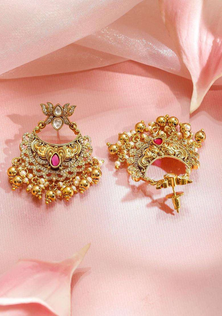 18K Gold-Plated Brass Lakshmi Temple Necklace Set with Ruby, Green & CZ Stones for Women | Traditional Temple Jewellery for Wedding & Festive Wear | Gift for Her - Indya