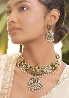 22K Gold-Plated Cubic Zirconia Studded & Pearls Beaded Temple Jewellery Set for Women | Traditional Temple Jewellery for Wedding & Festive Wear | Gift for Her