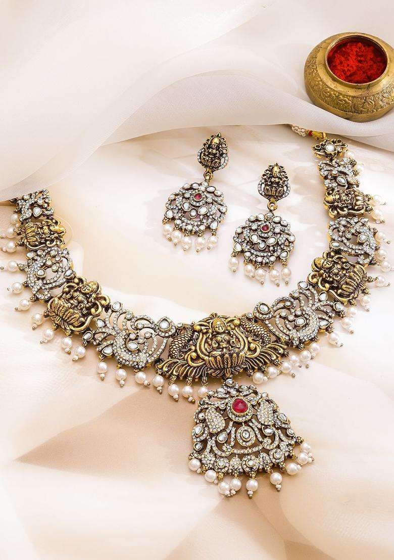 22K Gold-Plated Cubic Zirconia Studded & Pearls Beaded Temple Jewellery Set for Women | Traditional Temple Jewellery for Wedding & Festive Wear | Gift for Her - Indya