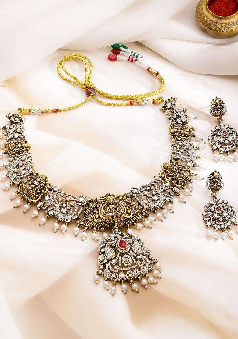 22K Gold-Plated Cubic Zirconia Studded & Pearls Beaded Temple Jewellery Set for Women | Traditional Temple Jewellery for Wedding & Festive Wear | Gift for Her - Indya