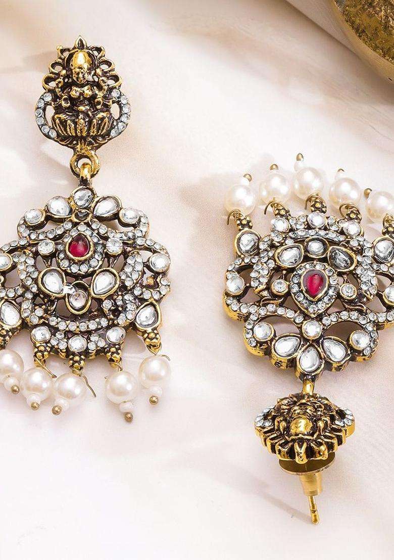 22K Gold-Plated Cubic Zirconia Studded & Pearls Beaded Temple Jewellery Set for Women | Traditional Temple Jewellery for Wedding & Festive Wear | Gift for Her - Indya