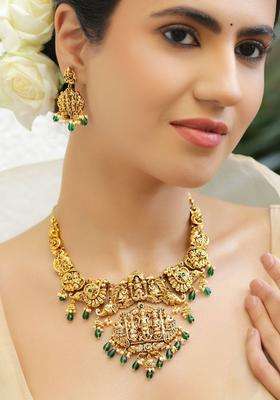 18K Gold-Plated Brass Green & Red Stone Temple Necklace Set with Beads for Women | Traditional Temple Jewellery for Wedding & Festive Wear | Gift for Her