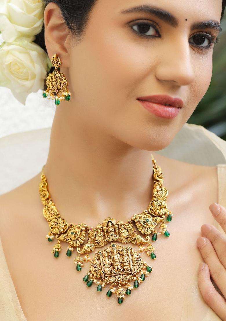 18K Gold-Plated Brass Green & Red Stone Temple Necklace Set with Beads for Women | Traditional Temple Jewellery for Wedding & Festive Wear | Gift for Her - Indya