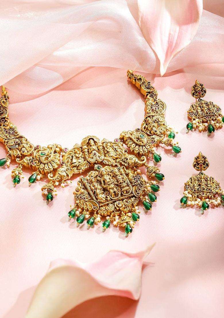 18K Gold-Plated Brass Green & Red Stone Temple Necklace Set with Beads for Women | Traditional Temple Jewellery for Wedding & Festive Wear | Gift for Her - Indya