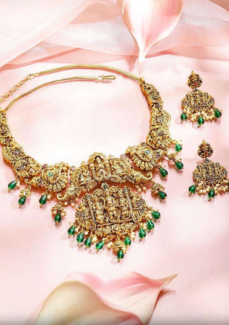 18K Gold-Plated Brass Green & Red Stone Temple Necklace Set with Beads for Women | Traditional Temple Jewellery for Wedding & Festive Wear | Gift for Her - Indya